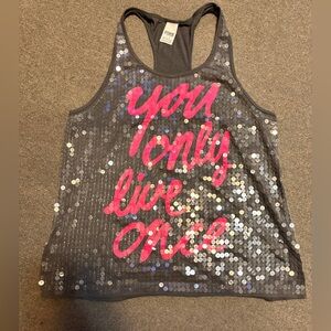Victoria's Secret Tank Top Racerback. Gray. PINK. Sequins You Only Live Once L